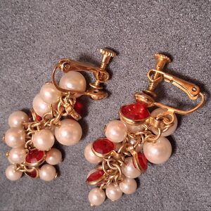 Vintage Red Gem Pearl Cha Cha Earrings